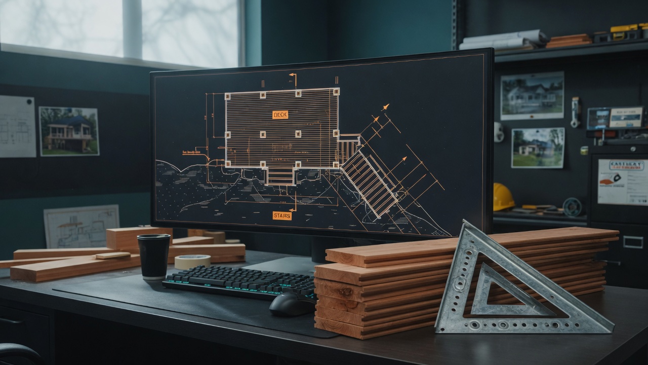 Computer monitor showing an orange-on-black ArchCAD deck plan with posts, joists, and stairs, beside stacked cedar deck boards and a steel rafter square in a Clarkson, KY contractor shop