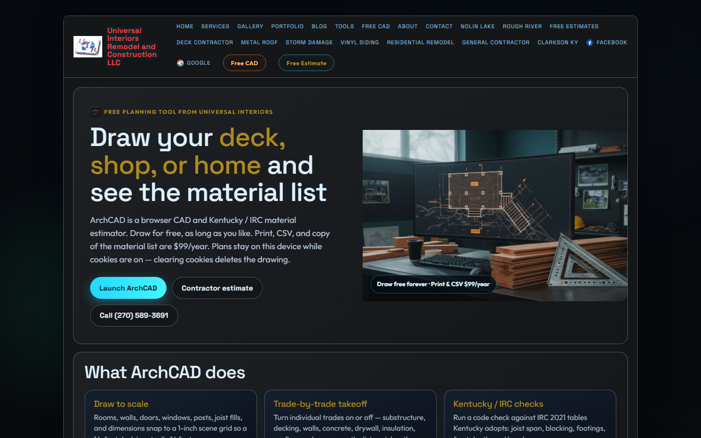 ArchCAD landing page on Universal Interiors: Draw your deck, shop, or home and see the material list, with Launch ArchCAD, Contractor estimate, and Call buttons beside a shop photo of a CAD plan on a monitor