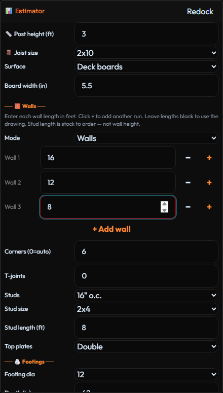 Estimator Walls section with hint to enter each wall length in feet, Mode Walls, Wall 1 at 16 feet, Wall 2 at 12 feet, Wall 3 at 8 feet, minus and plus on each row, Add wall, Corners 6, T-joints 0, Studs 16 inch on center, Stud size 2x4, Stud length 8 feet, Top plates Double