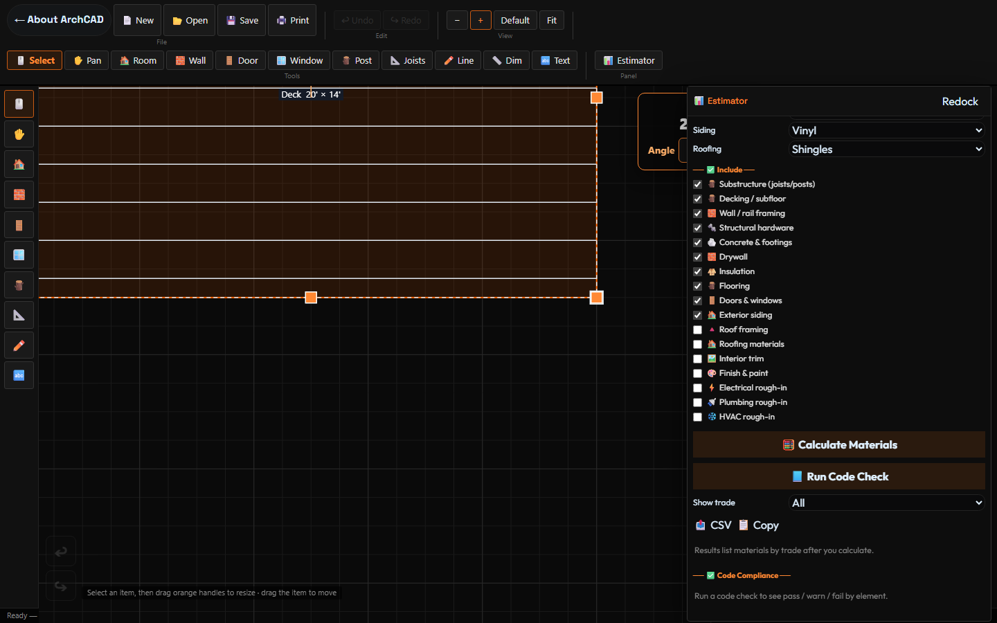 Zoomed ArchCAD view of a 20 by 14 foot deck filling the board, View + highlighted, orange resize handles on the rectangle, and the estimator Include checkboxes plus Calculate Materials and Run Code Check