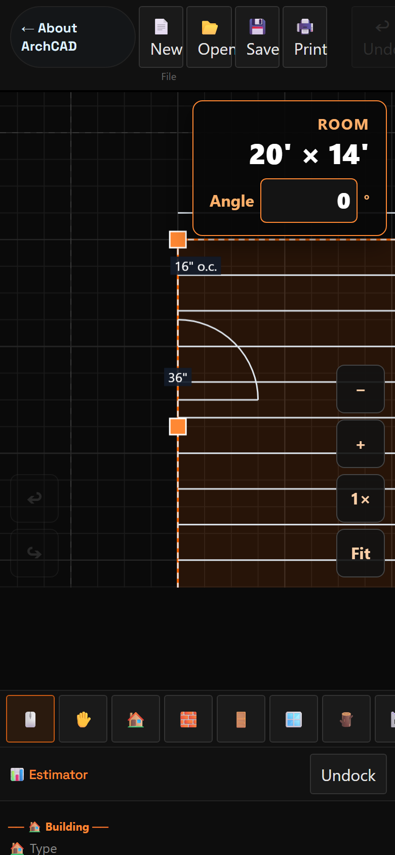 Phone layout of ArchCAD: File buttons along the top, a large ROOM 20 by 14 foot readout in the corner, orange handles on the deck, 1x and Fit zoom buttons, and a horizontal tool strip above the estimator
