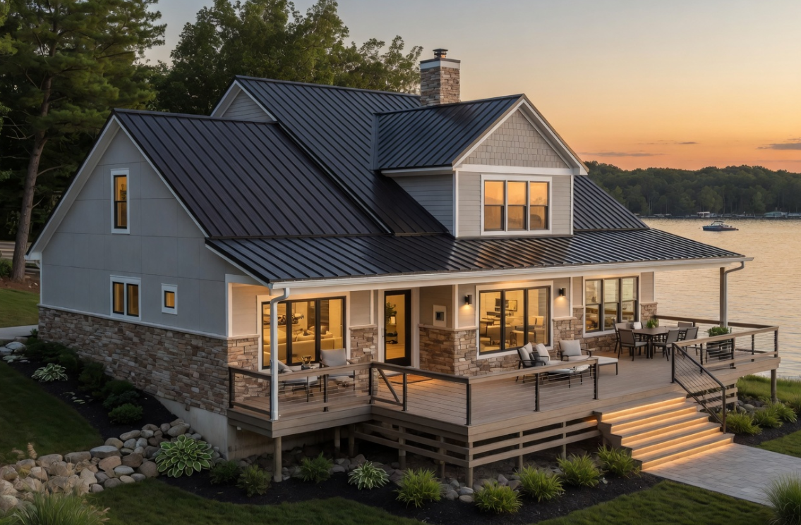 Nolin Lake Kentucky deck replacement in progress — UIR crew removing old pressure-treated deck boards and installing new composite Trex decking on existing framing