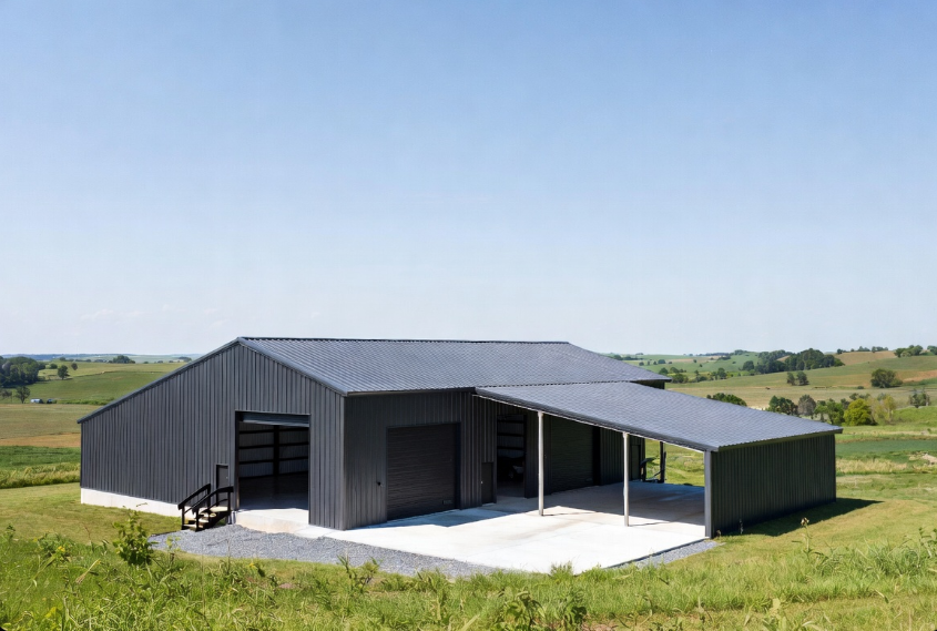 Modern custom pole barn with dark metal siding, roof, and large garage doors in rural western Kentucky countryside.