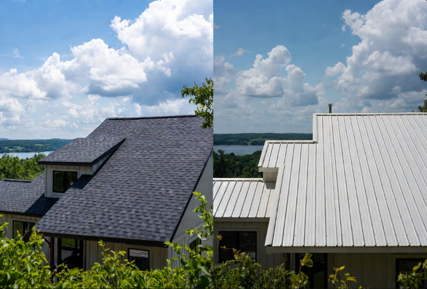 Side-by-side comparison of traditional asphalt shingles vs light gray ribbed metal sheeting roof on Clarkson KY home.