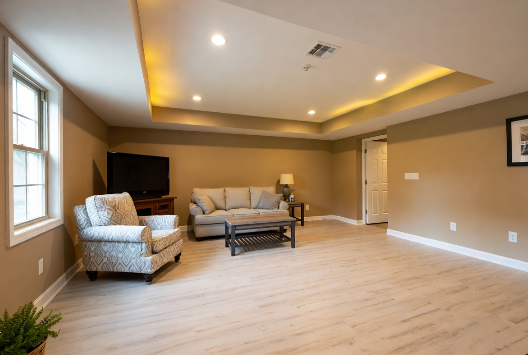 Finished basement in a Nolin Lake area home — LVP flooring and insulation by Universal Interiors