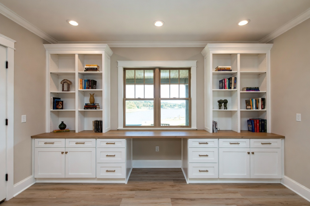 Custom home office remodel in Grayson County, KY — built-in shelving by Universal Interiors