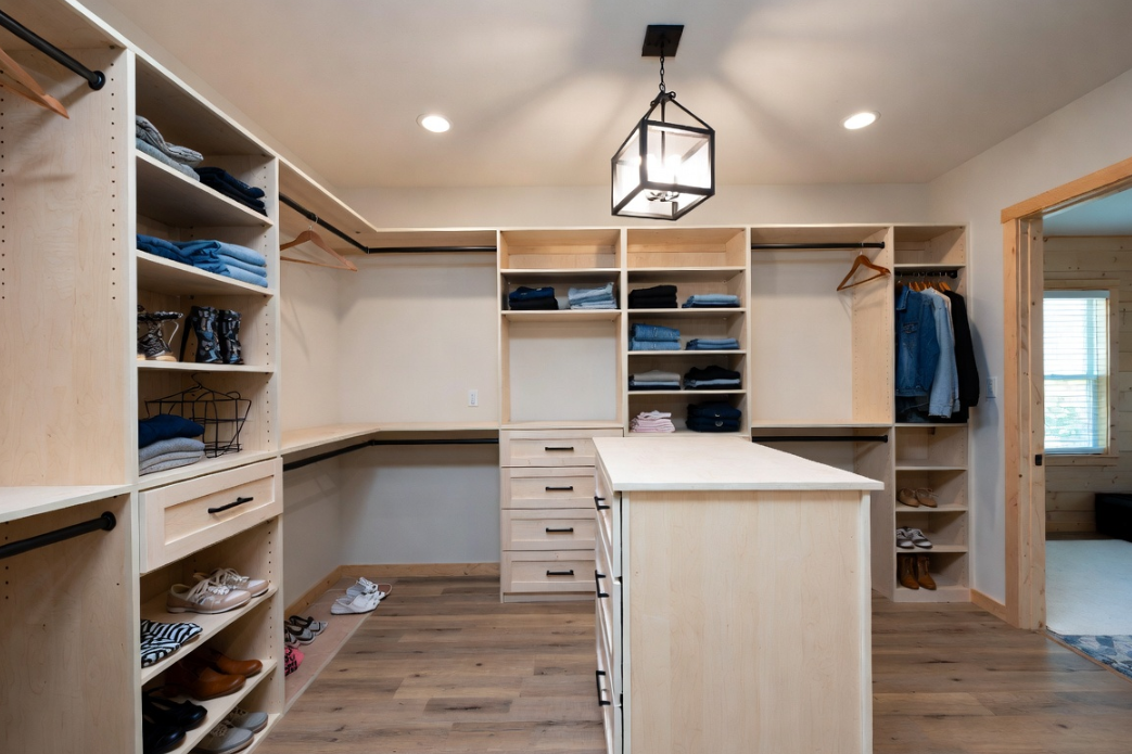 Custom closet system in a Nolin Lake area home — built-in shelving and drawers by Universal Interiors
