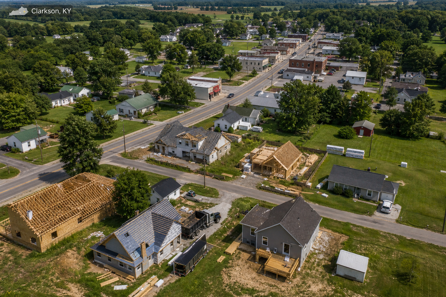 Aerial view of Clarkson, KY showing homes and active construction near E Mason Street — Universal Interiors Remodel and Construction LLC