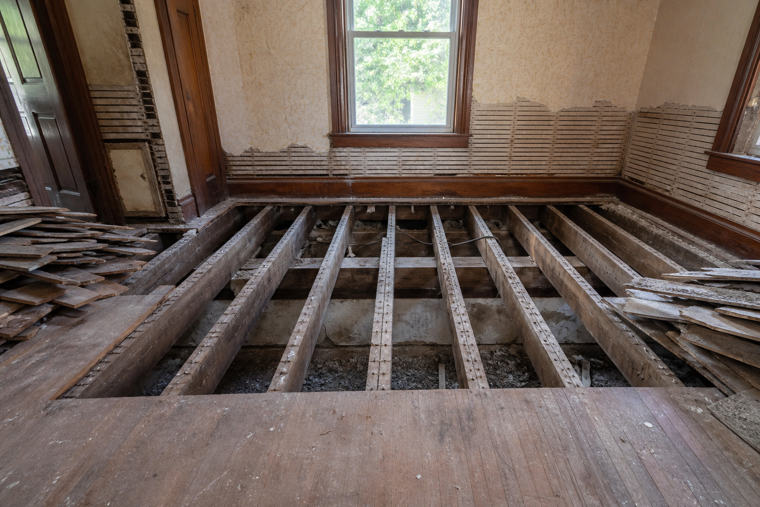 Older home during sub-floor demolition, viewed from remaining sub-floor looking over exposed floor joists.