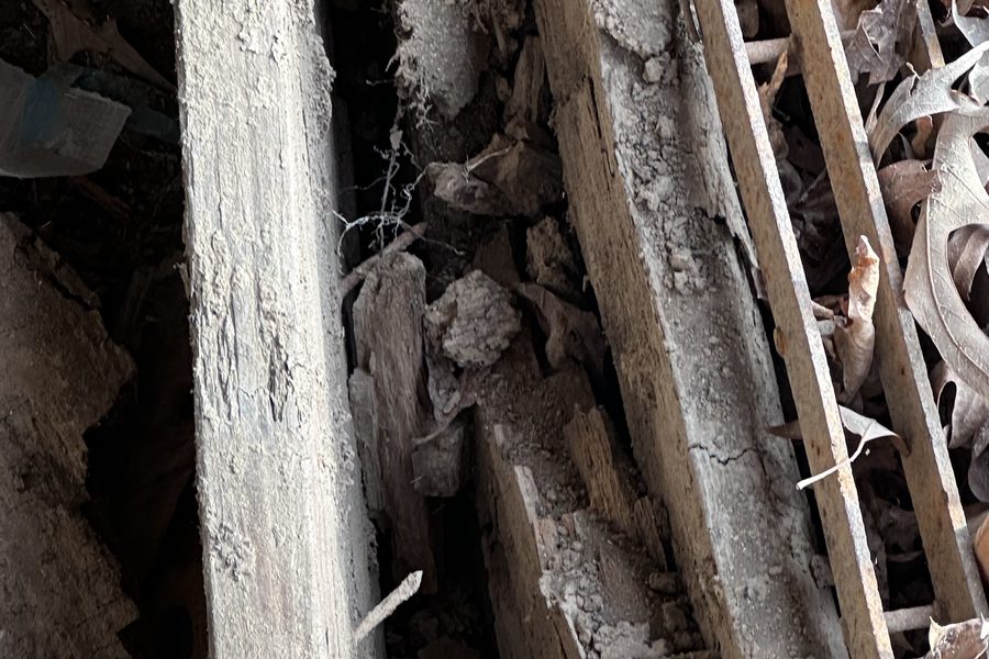 Rotted, termite-damaged sill and floor framing exposed during a repair at Rough River Lake, Clarkson, KY